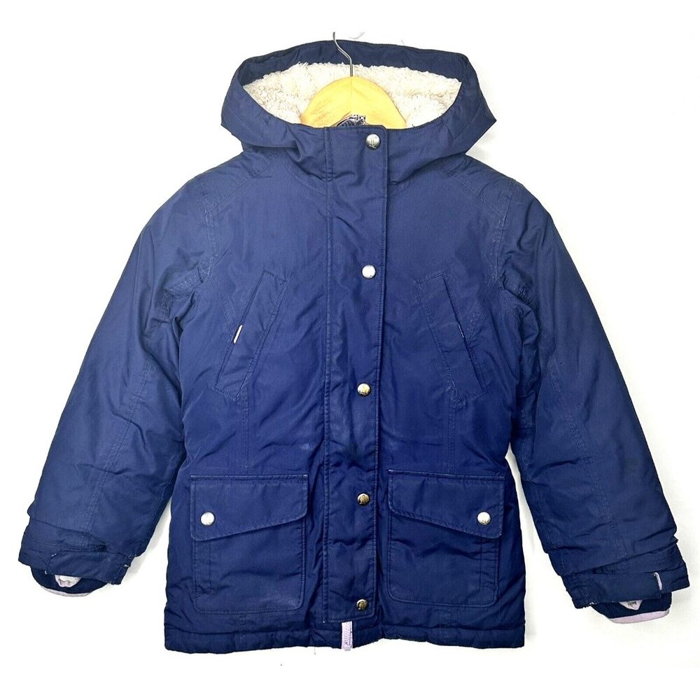 Lands End Kids Jacket Down Filled Sherpa Lined Hooded Grow-A-Long Coat Blue L